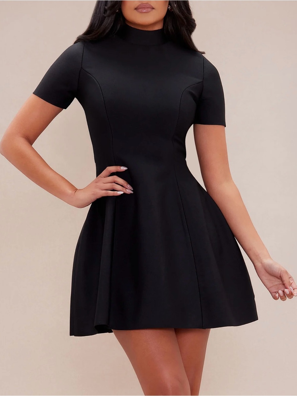 FASHION NOVA Black Short-Sleeve Fit & Flare Dress